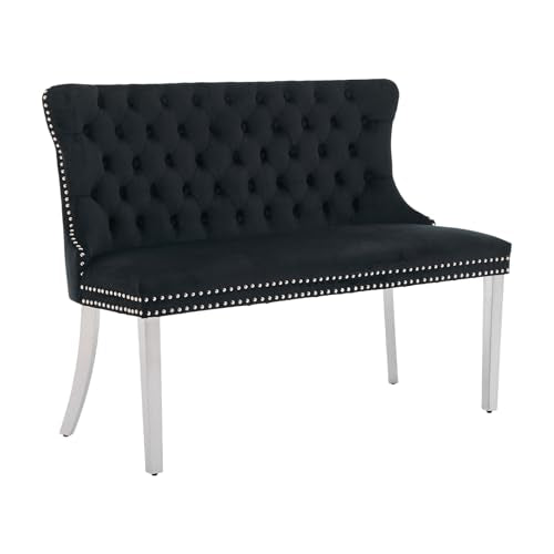 Black Velvet Dining Bench with Back, Tufted Banquette Seating, Silver Legs | Upholstered loveseat bench; tufted back; nailhead trim; 500 lb capacity; foam and spring seat; dining room or entryway - color: Black(silver Stainless Steel Legs)