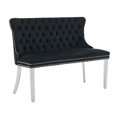 Black Velvet Dining Bench with Back, Tufted Banquette Seating, Silver Legs | Upholstered loveseat bench; tufted back; nailhead trim; 500 lb capacity; foam and spring seat; dining room or entryway - color: Black(silver Stainless Steel Legs)