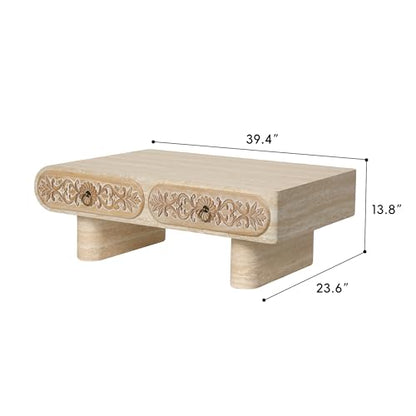 39.4" Rounded Edge Coffee Table with Flower Pattern Solid Wood Drawer for Living Room, Rectangular MDF Wooden Center Table Tea Table for Apartment, Beige - color: 39.4" Rounded Edge Coffee Table With Flower Pattern,beige