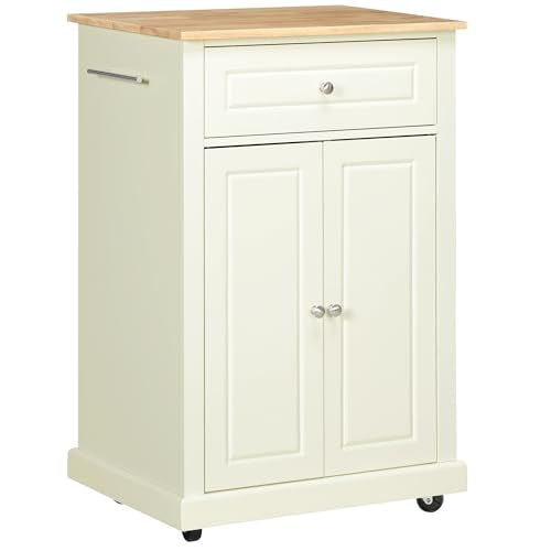 HOMCOM Rolling Kitchen Island Cart, Drawer & Adjustable Shelf, Cream White | Portable Serving Trolley Table, 2 Towel Racks - color: Cream White