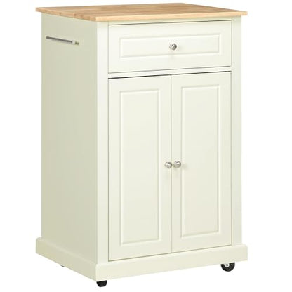 HOMCOM Rolling Kitchen Island Cart, Drawer & Adjustable Shelf, Cream White | Portable Serving Trolley Table, 2 Towel Racks - color: Cream White