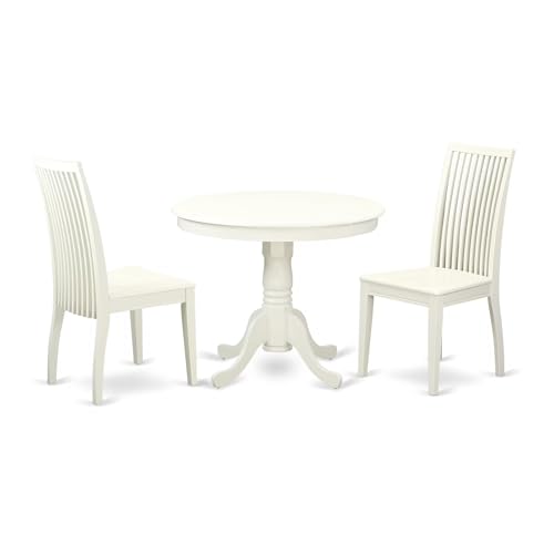 East West Furniture ANIP3-LWH-W 3 Piece Modern Dining Table Set Contains a Round Kitchen Table with Pedestal and 2 Dining Room Chairs, 36x36 Inch, Linen White - color: Anip3-lwh-w