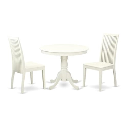 East West Furniture ANIP3-LWH-W 3 Piece Modern Dining Table Set Contains a Round Kitchen Table with Pedestal and 2 Dining Room Chairs, 36x36 Inch, Linen White - color: Anip3-lwh-w