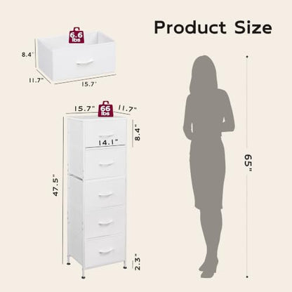 WLIVE Tall Dresser for Bedroom, 5 Drawer Dresser, White | 5 vertical fabric drawers, Tall vertical design, Bedroom or closet use, Dresser for small spaces, Chest of drawers - color: White