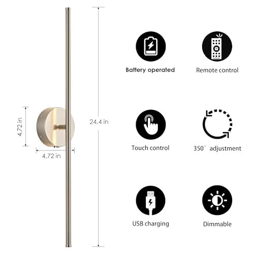 KARTOOSH Battery Operated Wall Sconces Set of Two Wireless Wall Lights | Rechargeable Wall Sconce with Remote 350°Rotate Dimmable 3000K LED Wall Lamp for Living Room, Bedroom - color: Nickel, size: 24.4 Inches