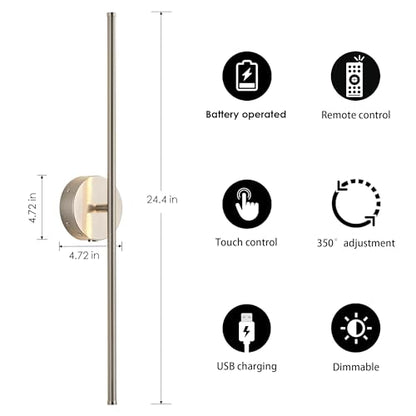KARTOOSH Battery Operated Wall Sconces Set of Two Wireless Wall Lights | Rechargeable Wall Sconce with Remote 350°Rotate Dimmable 3000K LED Wall Lamp for Living Room, Bedroom - color: Nickel, size: 24.4 Inches