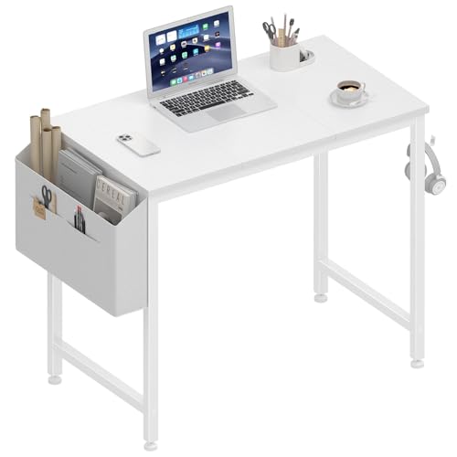 Lufeiya Small White Desk for Small Spaces, 32 Inch Kids Girls Study Writing Desks for Bedroom, Simple Modern Laptop PC Little Side Table with Storage Bag Headphone Hook, White - color: White, size: 31"