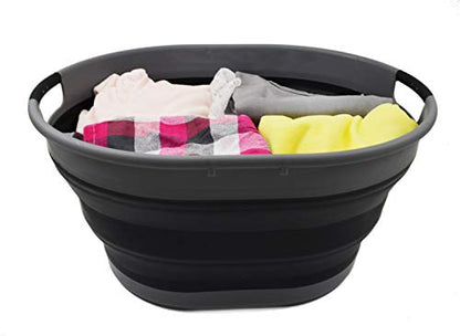 SAMMART 25L(6.6 gallon) Collapsible Plastic Laundry Basket-Oval Tub/Basket-Foldable Storage Container-Portable Washing Tub-Space Saving Laundry Hamper, Water capacity 20L(5.28 gallon)(2, Grey/Black) - color: Grey/Black