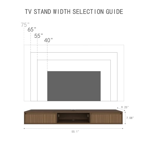 55" Floating TV Stand, Wall Mounted Media Console for 75 TV | Heavy-Duty 11-Layer Plywood Floating Tv Console with Soft Close Drop Down Door, Anti-Sag Entertainment Center - size: 55 In