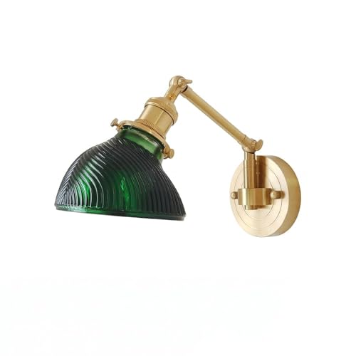 Vintage Brass Wall Sconce with Green Ribbed Glass Shade,Adjustable Swing Arm Wall Lamp Retro Mirror Front Vanity Light Fixture for Bedroom Bedside Bathroom Living Room Hallway Decor