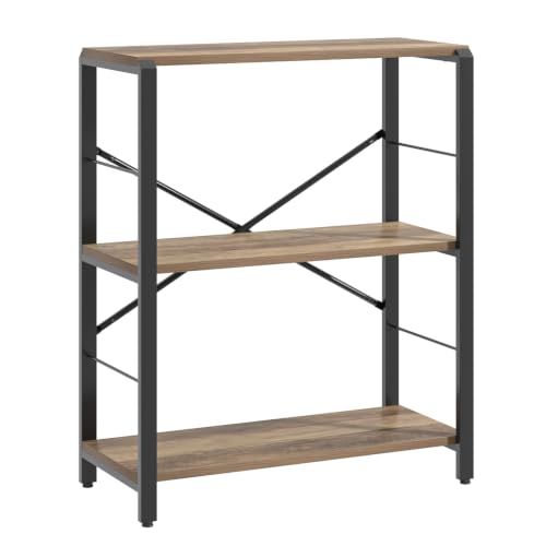 Small Bookshelf, 3 Tier Open Book Shelf, Rustic Wood and Metal Shelving Unit for Small Space, Oak - color: Oak, size: 3-Tier