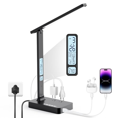 Infiway Desk Lamp with USB Charging Port: LED Stepless Dimmable Eye Caring Desk Light for Home Office - 1 Type-C, 1 USB-A Charging Port, 2 AC Power Outlets, Multiple Light Modes for Study and Bedroom - color: Black-Pro