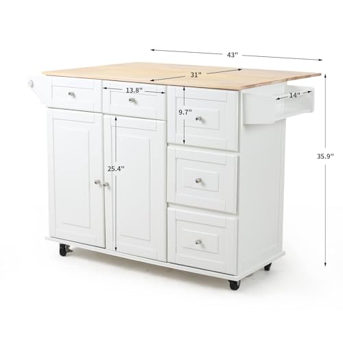 Mobil Kitchen Island Cart with Drop Leaf, Kitchen Cart Rolling Mobile Island with Wooden Countertop, Island Table for KitchenSpice Rack,Adjustable Shelves and Drawers, White