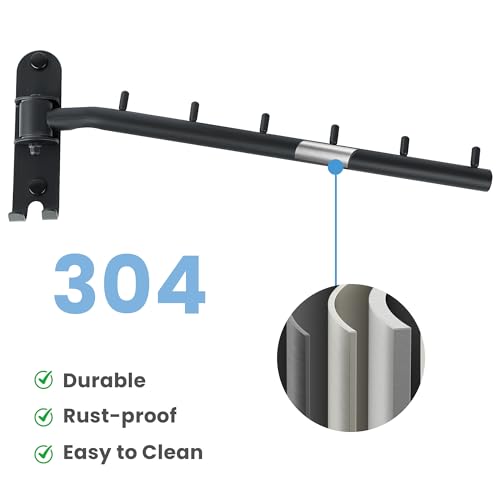 Mooche Swing Clothes Hanger Rack, Garment Racks 11.93" Long, Balck | 180°Rotation Laundry Drying Rack 304 Stainless Steel Space Saving Wall Mounted for Laundry Room Bedroom Balcony - color: Black, size: 1 Pack (6 Hooks)