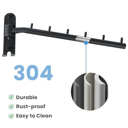 Mooche Swing Clothes Hanger Rack, Garment Racks 11.93" Long, Balck | 180°Rotation Laundry Drying Rack 304 Stainless Steel Space Saving Wall Mounted for Laundry Room Bedroom Balcony - color: Black, size: 1 Pack (6 Hooks)