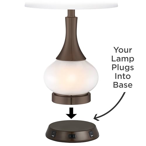 Rocco 30" Large Table Lamp White Ceramic USB Workstation Base Oak Wood | Mid Century Modern Charging Ports and AC Power Outlet Living Room Bedroom House Bedside Nightstand Office Home Tan Drum Shade - color: White Ceramic with USB Workstation Base