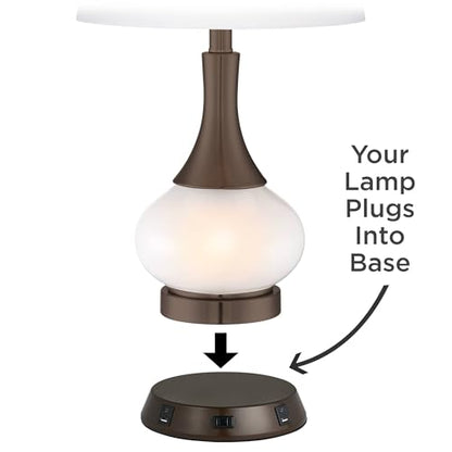 Rocco 30" Large Table Lamp White Ceramic USB Workstation Base Oak Wood | Mid Century Modern Charging Ports and AC Power Outlet Living Room Bedroom House Bedside Nightstand Office Home Tan Drum Shade - color: White Ceramic with USB Workstation Base