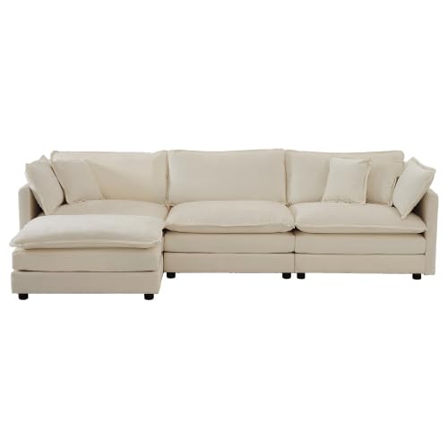 Aoowow Modular Sectional Sofa Modern Convertible L Shaped Couch,112.2 Inch Deep 3-Seater Sofas Set Comfy Chenille Cloud Sofas and Couches with Movable Ottoman for Living Room Apartment（Light Coffee） - color: Light Coffee, size: 3 Seat + Ottoman