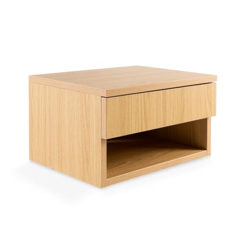 JONATHAN Y Ettore 15.7" Wall Mounted Nightstand, Light Oak | Soft-Close Drawer, Open Storage Cubby, Built-In Cable Management Hole, Minimalist Wood-Grain Laminate, Floating Design - color: Light Oak, size: Set of 1, style: Ettore