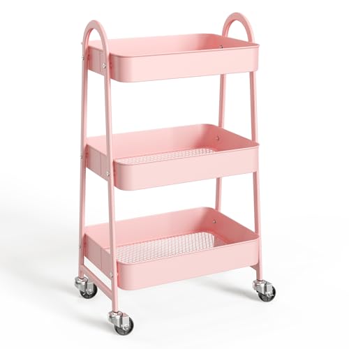 NEWBULIG 3-Shelf Metal Rolling Storage Utility Cart with Lockable Wheels | Mobile Organizer Shelf, Space-Saving, Freestanding, Bathroom, Living Room, Slim, Narrow Corner Spaces, Pink - color: Pink, size: 3 Shelves