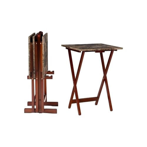 Riverbay Furniture 5 Piece TV Tray Table Set, Faux Marble Tops, Rubberwood and MDF, Brown Finish, Includes 4 Folding Tray Tables and 1 Storage Stand, Compact Design for Living Room or Home Use - color: Brown