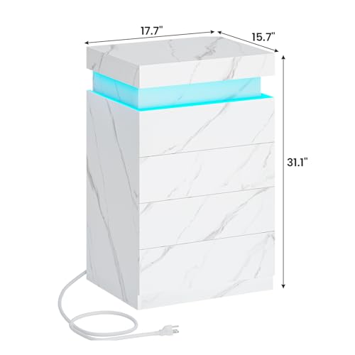 ADORNEVE Night Stand with Drawers and LED Lights,White Marble Color | Night Stand with Sliding Top,Bedside Table with Charging Station,Modern End Side Table for Bedroom - color: White Marble, size: 1PC
