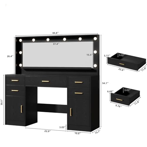 TOKSOM 44.8" Large Vanity Desk with Lighted Mirror & Power Outlet, Black Makeup Vanity Desk with Mirror and Lights, Black Vanity Table with 5 Drawers and 2 Cabinets, Dressing Table for Bedroom - size: 44.8 inch, style: Modern Black
