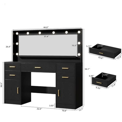 TOKSOM 44.8" Large Vanity Desk with Lighted Mirror & Power Outlet, Black Makeup Vanity Desk with Mirror and Lights, Black Vanity Table with 5 Drawers and 2 Cabinets, Dressing Table for Bedroom - size: 44.8 inch, style: Modern Black