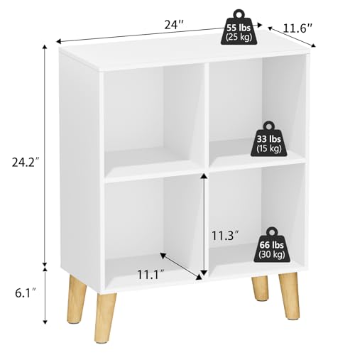 4 Cube Storage Organizer with Legs, 2 Tier Cube Low Bookcase Freestanding Storage Display Organizer for Home Office, Four-Cubes Open Shelf Short Bookshelf (White, 4 Cube) - color: White, size: 4 Cube