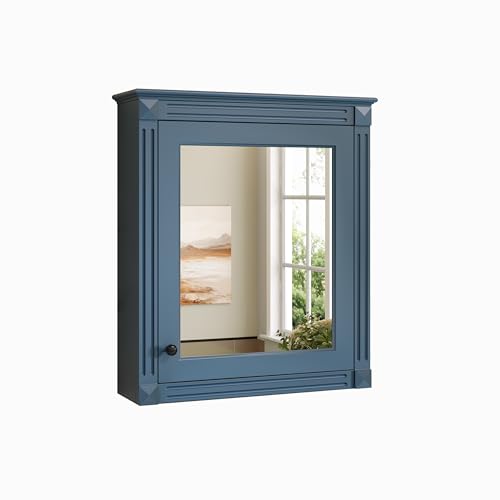 Merax Bathroom Medicine Cabinet with Mirror Door & Adjustable Shelves | 24" x 28" Wall Mounted Bathroom Storage Cabinet with Mirror, Over the Toilet Bathroom Wall Cabinet - color: Blue, size: 24"