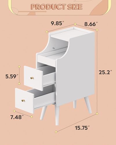 WLIVE Small Nightstand with Drawers, Narrow Bedside Tables with Open Shelf & Cable Hole, Narrow Nightstand for Bedroom, Modern Storage Cabinet for Small Spaces/Living Room, White - color: White