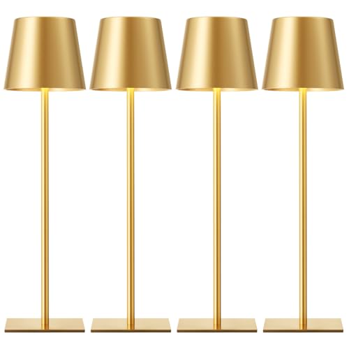 Kakanuo Gold Cordless Rechargeable Table Lamp, 4 Pack Portable Desk Lamp with 5000mAh Battery, Touch Control Stepless Dimming, Wireless Night Light for Dining, Outdoor Camping, Coffee Shop - color: Gold, size: 4 Pack