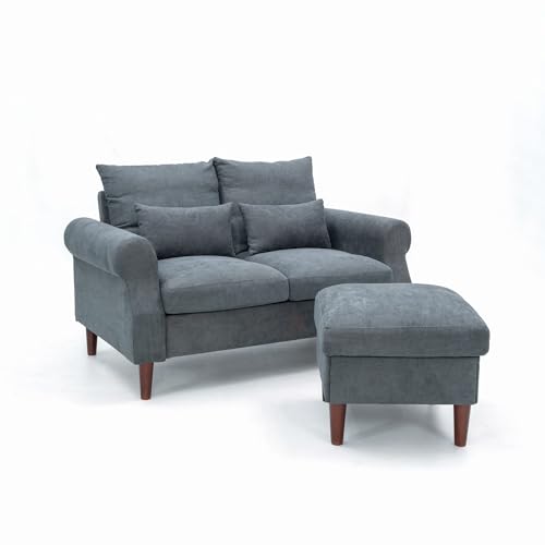 Panana 2 Seater Small Sofa Set with Ottoman, Sectional Loveseat for Small Space Living Room Apartment (Gray, 2 Seater) - color: Gray Linen Fabric, size: 2 seater with ottoman