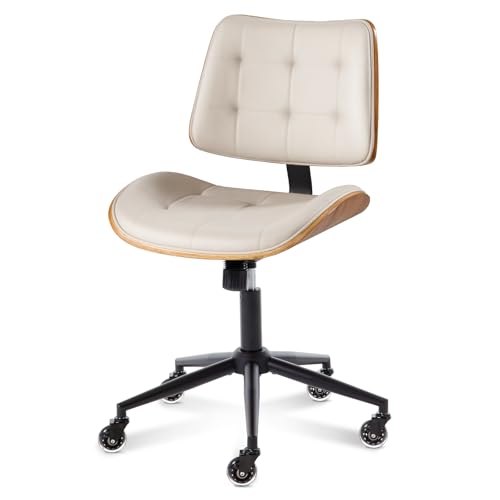 Home Office Desk Chair with Rubber Wheels, Armless Bentwood, Beige | Adjustable Height Armless Office Chair, PU Leather Mid Back 360°Small Computer Chair, No Arms Walnut Seating, 300LBS Support - color: Beige, size: Standard Style