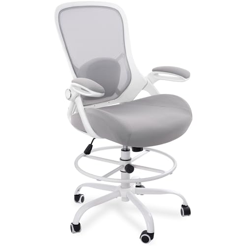 400lbs Heavy Duty Drafting Chair 5" Thickened Seat Office Chair with Flip-Up Armrests Tall Ergonomic Computer Chair with Lumbar Support and Adjustable Footrest Ring Standing Desk Chair (Grey) - color: Grey