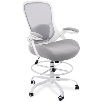 400lbs Heavy Duty Drafting Chair 5" Thickened Seat Office Chair with Flip-Up Armrests Tall Ergonomic Computer Chair with Lumbar Support and Adjustable Footrest Ring Standing Desk Chair (Grey) - color: Grey