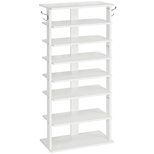 HOOBRO Vertical Shoe Rack, 8 Tier Wooden Shoe Storage Organizer with Hooks, Narrow Shoe Tower for 16 Pairs, Space Saving, for Entryway, Living Room, Bedroom, White WT750XJ01 - color: White, size: 8 Tier (19.7"W)