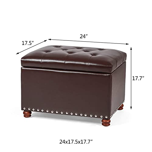 Adeco Button Tufted Accents Rectangular PU Leather Storage Bench Ottoman Footstool for Living Room Bedroom - color: Brown-new