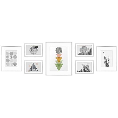 Golden State Art 7 Pack Silver Aluminum Frame with White Mat, Real Glass | Includes One 11x14, Two 8x10, Four 5x7 Frames with Sawtooth Hangers for Wall Mounting. Great for gallery wall - color: Silver, size: Style 2