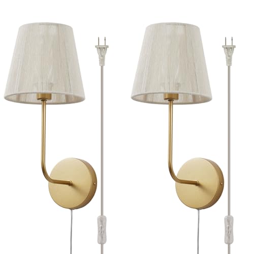 White Boho Wall Sconces Set of 2 Plug-in | Wall Light Brass Paint Finish with Natural Wicker Rattan Shade Hand Woven for Bedside, Living Room, Fireplace, Hallway - color: Brass Paint Finish