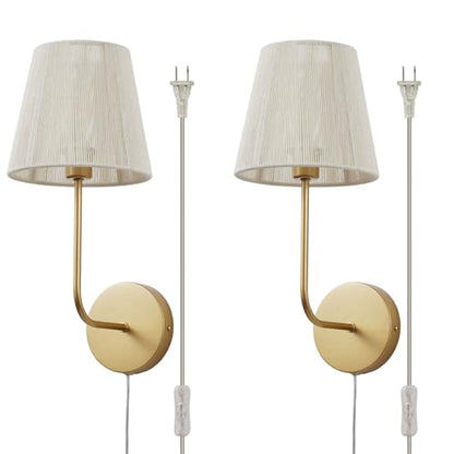 White Boho Wall Sconces Set of 2 Plug-in | Wall Light Brass Paint Finish with Natural Wicker Rattan Shade Hand Woven for Bedside, Living Room, Fireplace, Hallway - color: Brass Paint Finish