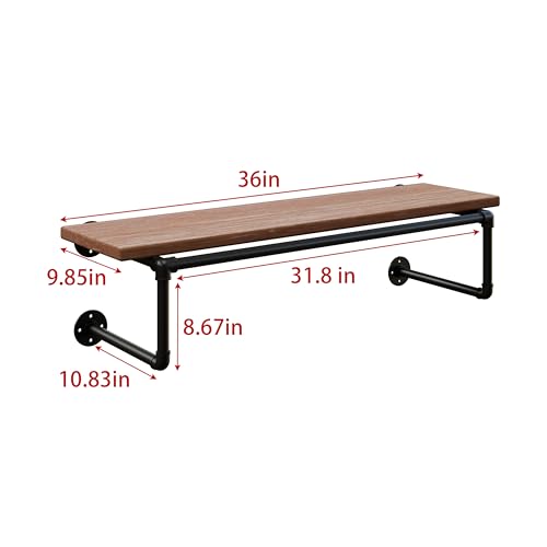 Clothes Rack 36in, Wall Mounted Garment Racks with Brown Real Wood Shelf, Heavy Duty Hanging Clothes Rack, Multi-Purpose Hanging Rod, Space-Saving Closet Storage - color: Brown, size: 1T36IN