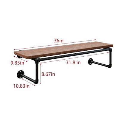 Clothes Rack 36in, Wall Mounted Garment Racks with Brown Real Wood Shelf, Heavy Duty Hanging Clothes Rack, Multi-Purpose Hanging Rod, Space-Saving Closet Storage - color: Brown, size: 1T36IN