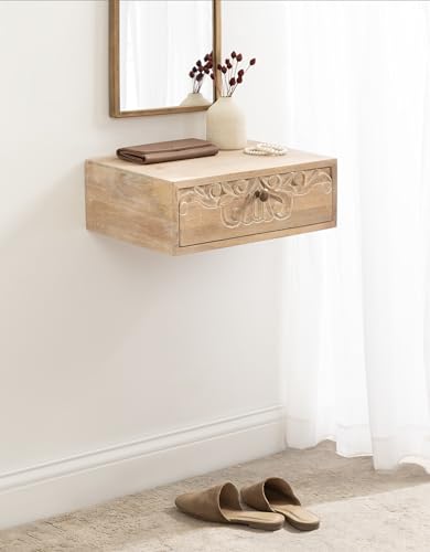 Kate and Laurel Mirza Transitional Carved Wood Floating Side Table, 18 x 12 x 6, Natural Wood, Mounted Solid Wood Wall Shelf with Drawer for Storage