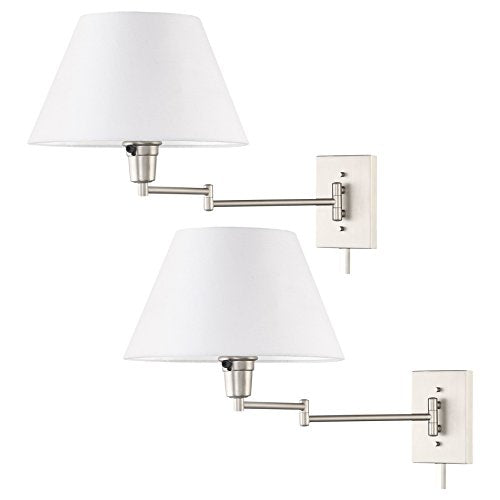 Kira Home Cambridge 15" Modern Swing Arm Wall Sconce + 3-Way Switch, 2-Pack | White Empire Fabric Shade, 2-in-1 Plug In or Hardwired Bedroom Wall Lamp, Satin Nickel Finish - color: Brushed Nickel,White Shade,2-Pack