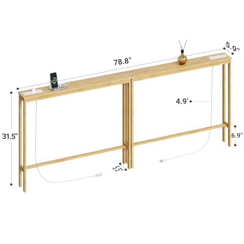 ELYKEN 2 Pack Bamboo Console Table, 5.9'' Narrow Sofa Table Behind Couch | Slim Skinny Hallway Table with Charging Station for Entryway, Living Room, Foyer, Entrance, 5.9 x 39.4 x 31.5in, Natural - color: Natural, size: 5.9"D x 78.8"W x 31.5"H