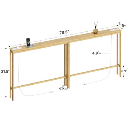 ELYKEN 2 Pack Bamboo Console Table, 5.9'' Narrow Sofa Table Behind Couch | Slim Skinny Hallway Table with Charging Station for Entryway, Living Room, Foyer, Entrance, 5.9 x 39.4 x 31.5in, Natural - color: Natural, size: 5.9"D x 78.8"W x 31.5"H