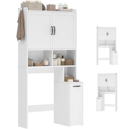 Over The Toilet Storage Cabinet with Pulley Small Bathroom Storage Cabinet, Space Saver W/Adjustable Shelf & Open Shelf for Bathroom, Restroom, Laundry (White) - color: White