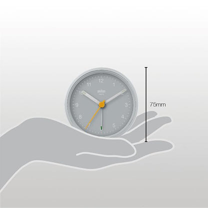 Braun Classic Analogue Alarm Clock with Snooze and Light, Quiet Quartz Movement, Crescendo Beep Alarm in Grey, Model BC12G. - color: Gray, size: 75 x 75 x 35 mm