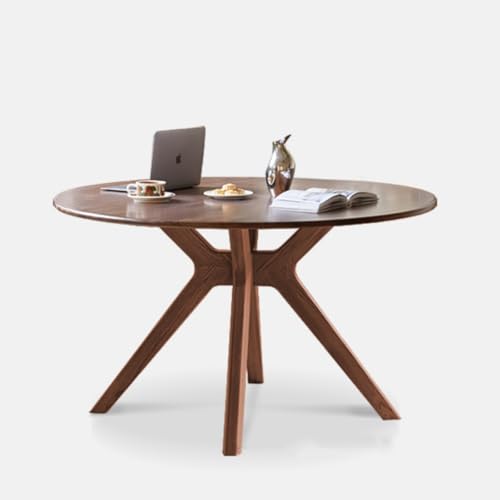 43.3’’ Round Black Walnut Dining Table for 4-6, Solid Wood Kitchen Table with Intersecting Pedestal Base, Farmhouse Circle Table for Dining Room, Living Room - color: Walnut
